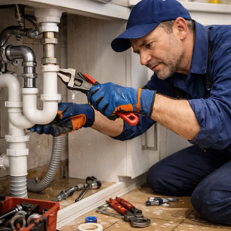 Gasfiter reparando la tubería bajo un lavaplatos