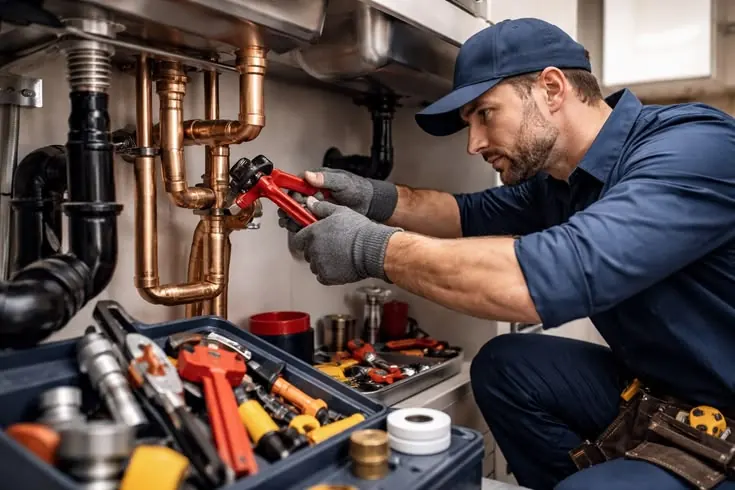 Gasfiter con llave inglesa y caja de herramientas