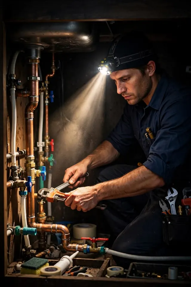 Gasfiter con linterna frontal reparando cañerías de noche